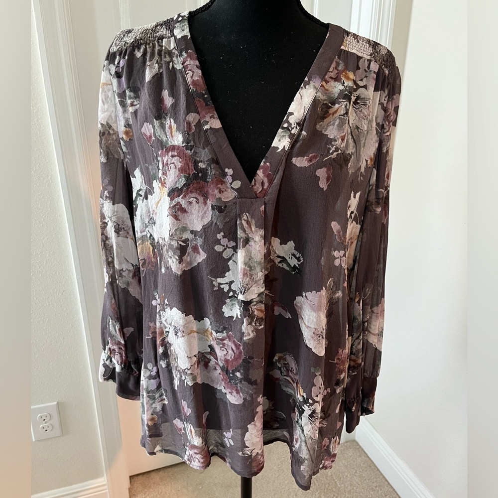 Joie Grey Floral V-Neck Blouse